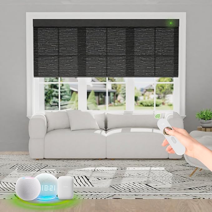 Motorized Blinds with Remote [Light Filtering] Smart Blinds Compatible with Alexa Google HomeKit, 60% Blackout Automatic Roller Shades for Indoor Windows, Customized Size, Black Lace