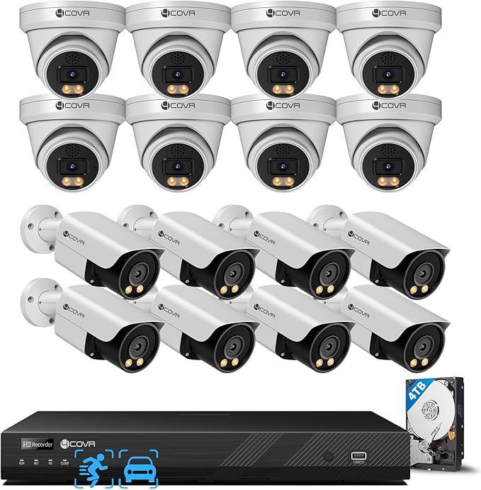 4COVR 16 Channel Security Camera System PoE 2-Way Audio Talk, Person Vehicle Detection & Smart Color Night Vision, 4K UHD NVR 4TB HDD, 8 Dome 8 Bullet 5MP IP67 IP Camera for Businesses, LYH37Y5M1616