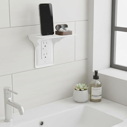 Power Perch Outlet Shelf Organizer for Alexa Echo Dot, HomePod Mini Speakers, Phone - Wall Outlet Holder with Cord Storage Strap - Socket Shelf Bathroom Kitchen Counter Charging Station - White 2 Pack