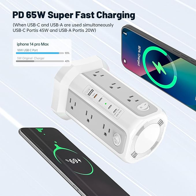 PASSUS PD 65W USB C Fast Desktop Charging Station, Tower Power Strip Surge Protector with 12 Widely Spaced AC Outlets|4 USB C|1 USB A, 10FT Extension Cord Overload Protection for Home Office Dorm