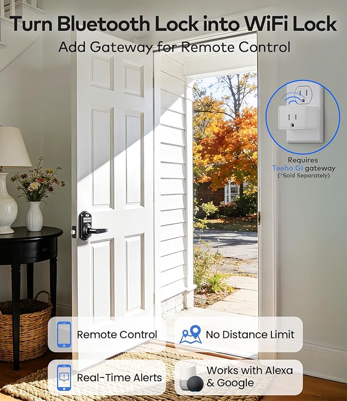 TEEHO TE019 Smart Keypad Door Lock with Handle, App Control, Keyless Entry Electronic Lock, Remote One-Time Codes, Auto Lock, Passage Mode, for Bedroom, Interior Door & Rental, Matte Black