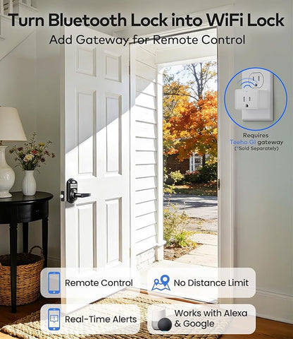 TEEHO TE019 Smart Keypad Door Lock with Handle, App Control, Keyless Entry Electronic Lock, Remote One-Time Codes, Auto Lock, Passage Mode, for Bedroom, Interior Door & Rental, Matte Black