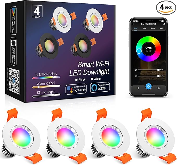4 Pack 2 Inch Smart Recessed Lighting, 5W WiFi LED Downlight, Dimmable RGB & CCT 2700K-6500K, Compatible with Alexa & Google Home, 120V Recessed Ceiling Light with LED Driver