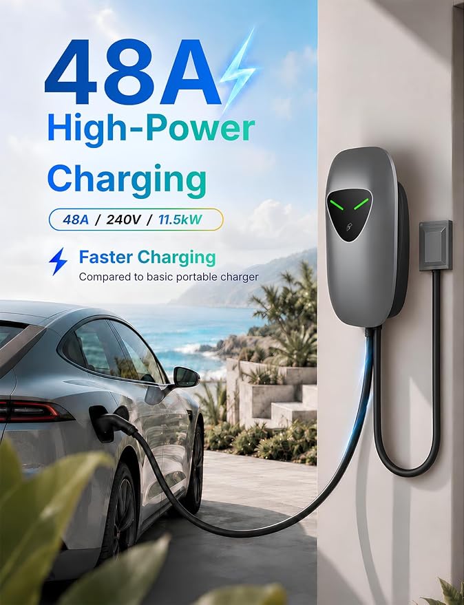 48A Level 2 EV Charger Station Hardwired, J1772 240V 11.5kW WiFi App 25ft | Garage Home Driveway EV Charger,2.4GHz Smart Control,RFID Access,Indoor Outdoor Installation,UL ETL FCC Certified,Overheat