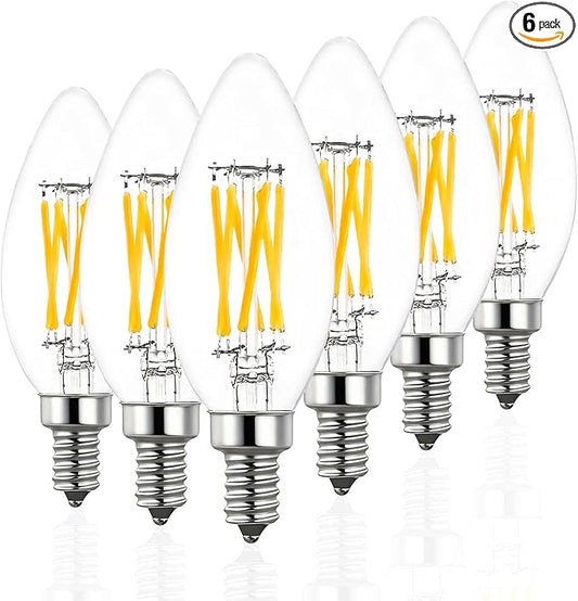 B11 Type B LED Filament Bulb, E12 Base, 6W/60W Equivalent 2700K Warm White – Clear Glass, Dimmable, Ideal for Chandeliers, Wall Sconces & Decorative Lighting, 6-Pack (2700K)