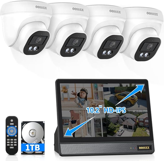 OOSSXX (2026 Update) 4K PoE Security Camera System with 10" Monitor, 4 Wired Cameras Outdoor Indoor, 4CH NVR with 1TB HDD, Built-in Mic, No Monthly Fee, Free App Remote Access