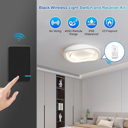 NineLeaf No Wiring Light Switch,Black Wireless Light Switch Kit Remote Control Light Switch No WiFi Needed for Renters DIY Outdoor 1969ft Indoor 328ft 1000W LED, Ceiling Lamps(3Switches 2Receivers)