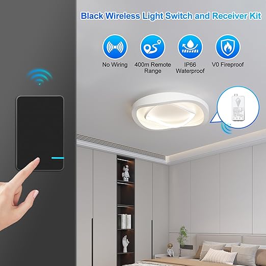 NineLeaf No Wiring Light Switch,Black Wireless Light Switch Kit Remote Control Light Switch No WiFi Needed for Renters DIY Outdoor 1969ft Indoor 328ft 1000W LED, Ceiling Lamps(2Switches 2Receivers)