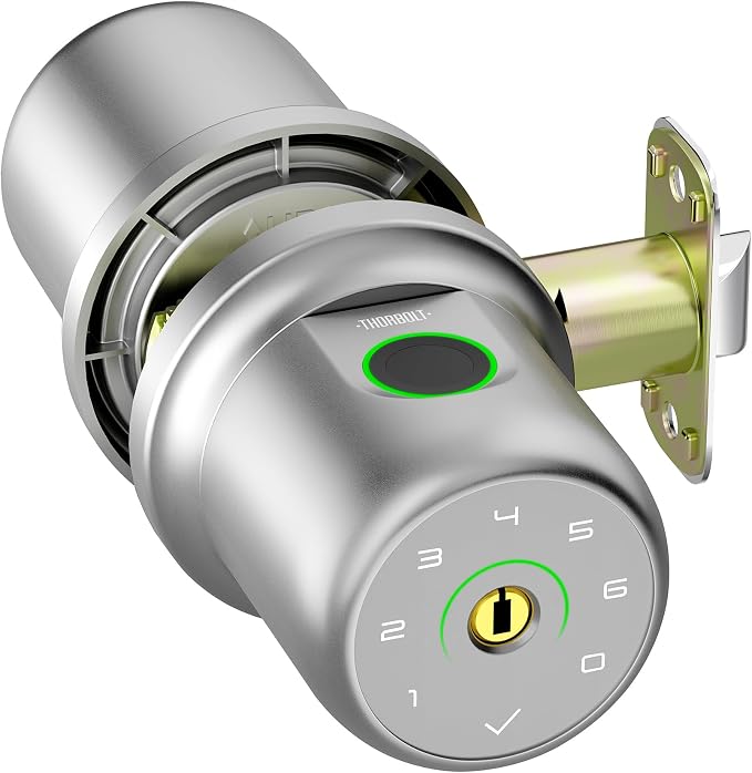 ThorBolt G1 Fingerprint Door Knob Lock with Keypad, Silver | 4x AAA Alkaline Batteries, Biometric, Electric, Auto-Lock, for Bedroom, Garage, Office, Pantry Door, Interior Door Lock