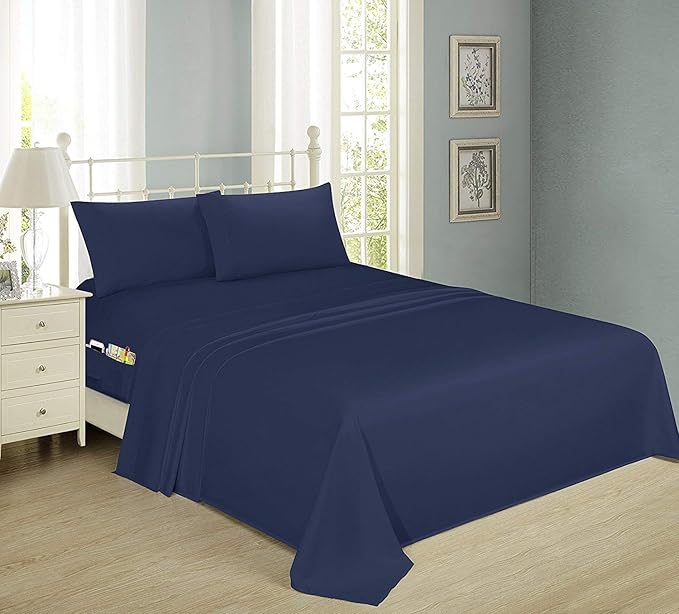 Swift Home Smart Sheets, Ultra Soft Brushed Microfiber 4-Piece Sheet Set, Fitted Bed Sheet with Side Storage Pockets – Navy, King