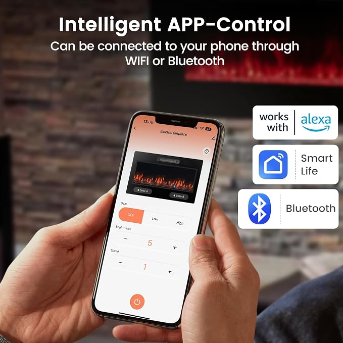 COSTWAY Ultra-Thin Smart WiFi Electric Fireplace 42-inch Wide, Compatible with Alexa & Google Assistant, 750W/1500W Fireplace Heater with 12 Flame and Flame Bed Colors, Remote/APP Control, Black