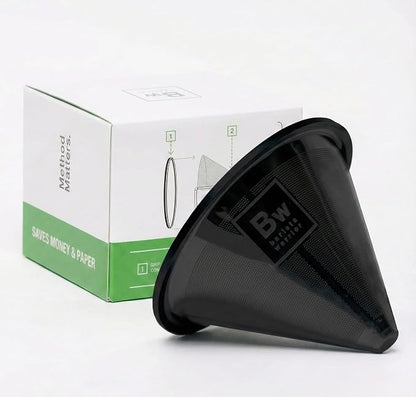 Barista Warrior Reusable Coffee Filter - Stainless Steel Pour Over Dripper, Compatible for Chemex, Hario V60 & Drippers, Easy to Clean Flavorful Brew Fine Mesh Coffee Filter - Black Titanium