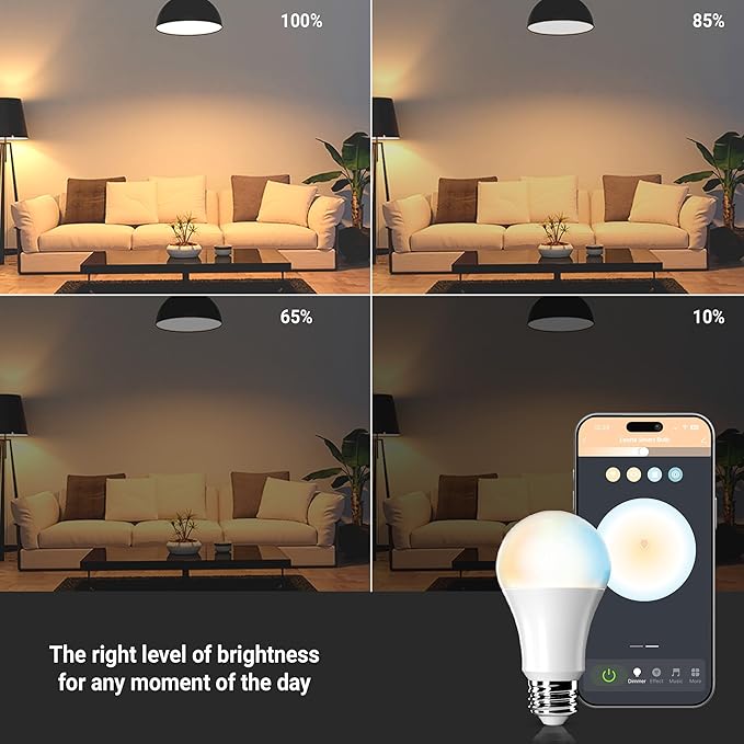 Leona Smart Light Bulbs, LED, Tunable White 2700K-6500K, 9W, 800 Lumens, WiFi, Dimmable, A19, E26 Base, Compatible with Alexa & Google Home (4-Pack)