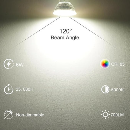 DiCUNO GU10 LED Light Bulbs, 6W 60W Halogen Replacement, Bright Daylight White 5000K, 700lm, Full Glass Cover 120 Degree Beam Angle, 120V, MR16 GU10 LED Non-dimmable, Spotlight Track Lighting, 6-Pack