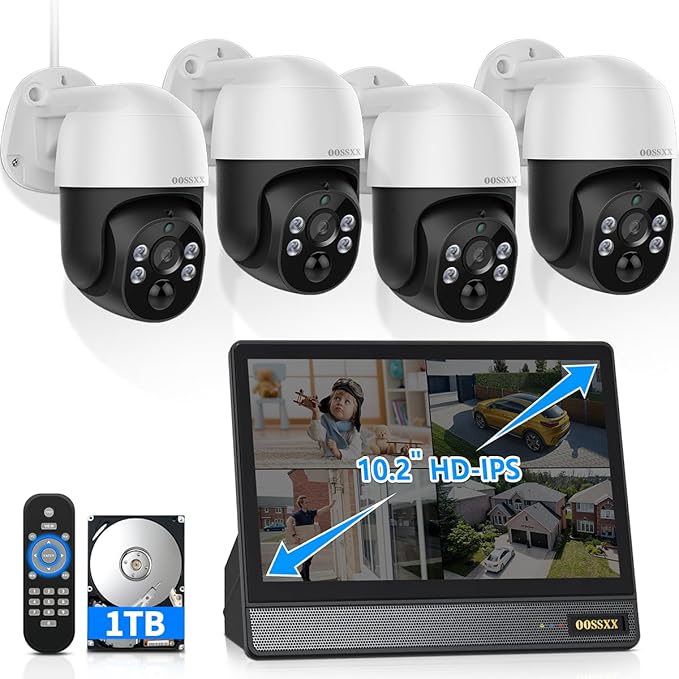 OOSSXX (2026 New) 4K PoE PTZ Security Camera System with 10'' Monitor, 8CH NVR, 4 Wired Outdoor Cameras, Pan Tilt Auto Tracking, AI Human Detection, Free App, No Monthly Fee, IP65