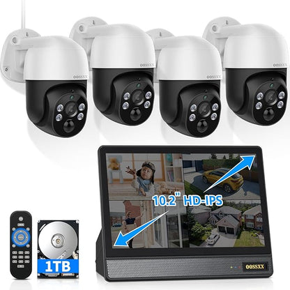 OOSSXX (2026 New) 4K PoE PTZ Security Camera System with 10'' Monitor, 8CH NVR, 4 Wired Outdoor Cameras, Pan Tilt Auto Tracking, AI Human Detection, Free App, No Monthly Fee, IP65