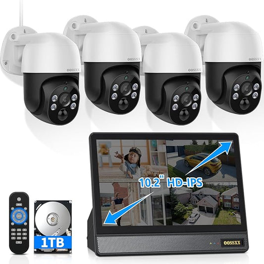 OOSSXX (2026 New) 4K PoE PTZ Security Camera System with 10'' Monitor, 8CH NVR, 4 Wired Outdoor Cameras, Pan Tilt Auto Tracking, AI Human Detection, Free App, No Monthly Fee, IP65