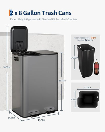 Garvee Double Trash Can, 2 x 8 gal (2 x 30 L) Garbage Can for Kitchen Dual Compartment Recycling Kitchen Step Trash Bin, Stainless Steel Trash and Recycle Bin Combo with Soft-Close Lid,Matte Grey
