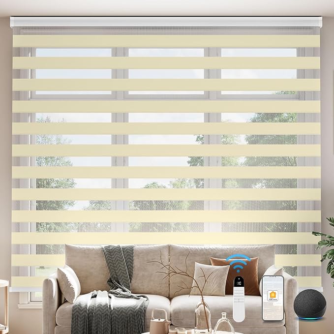 Interior Window Shades, Smart Dual Layer Light Filtering Blinds Compatible with Alexa & Google Home, Customized Size Cordless Electric Window Shades, (Beige, 70% Blackout)