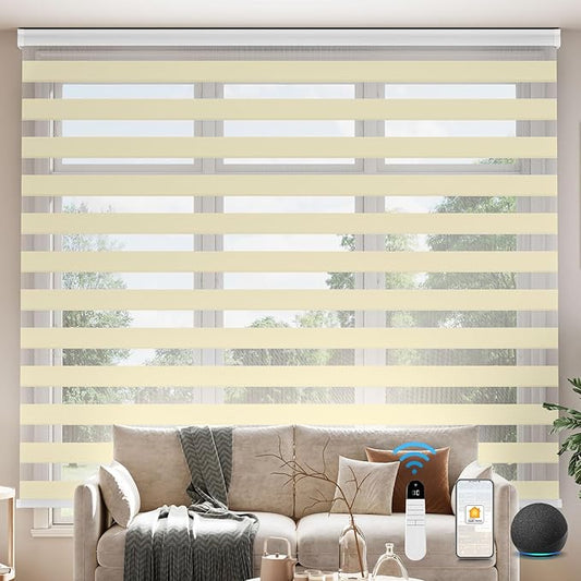Interior Window Shades, Smart Dual Layer Light Filtering Blinds Compatible with Alexa & Google Home, Customized Size Cordless Electric Window Shades, (Beige, 70% Blackout)