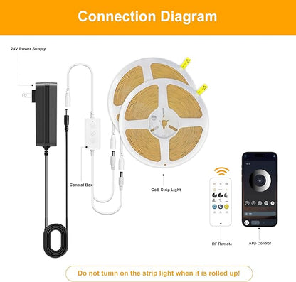 COB LED Strip Lights, Dotless LED Lights with Remote& App, 49.2ft Warm White 3000K Super Bright Dimmable 24V Flexible LED Tape Light,Kitchen Cabinet,Office,Stairs,Shelf Indoor Lighting.