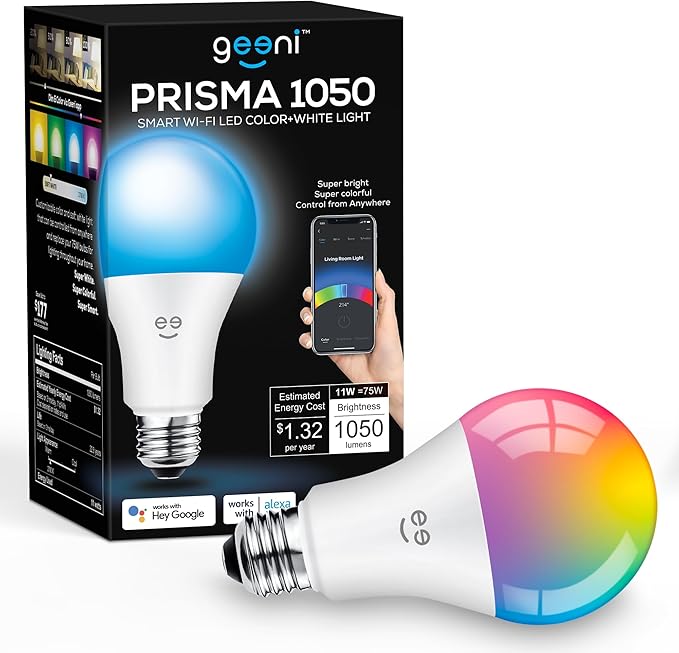 Geeni PRISMA 1050 Wi-Fi LED Light Bulb, Multicolor (2700K): Dimmable LED, A21, 75-Watt Equivalent: Works with Alexa & Google Assistant