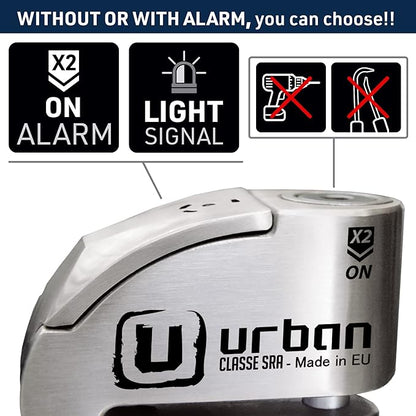 URBAN UR14S Approved Motorcycle Disc Lock with Smart Alarm | 120dB, LED, Warning, A+ Sensitivity, X2 ON | SRA & Sold Secure Gold Tested Anti-Theft for Motorbike | 14mm Double Locking, Stainless Steel