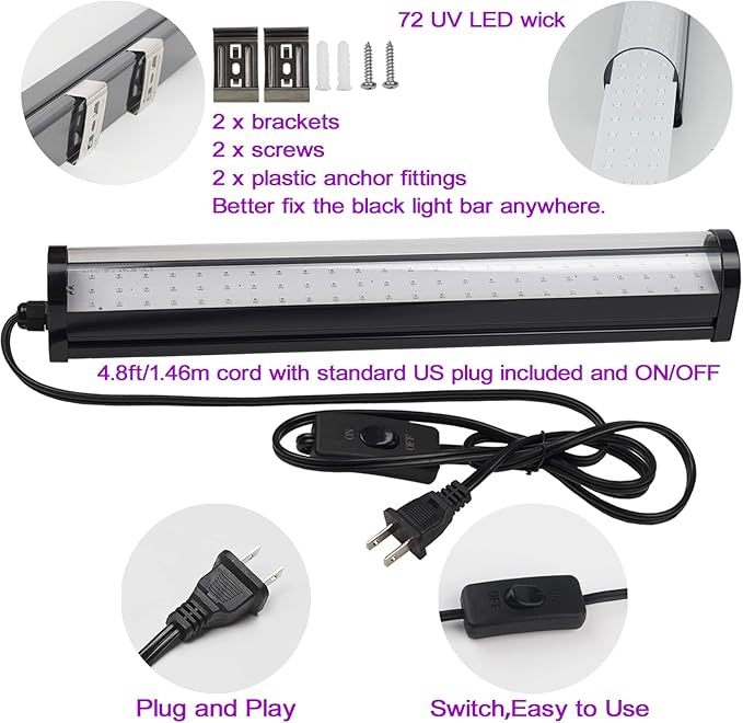Upgrade 25W LED Black Light Bar - 72 UV Big LED Chip 395-405 nm, Black Lights for Glow Party - Blacklight Bar for Fluorescent Posters, Glow in The Dark Party, Stage Lighting, Body Painting, Halloween
