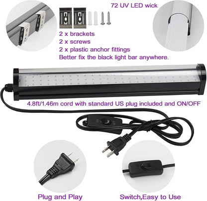 Upgrade 25W LED Black Light Bar - 72 UV Big LED Chip 395-405 nm, Black Lights for Glow Party - Blacklight Bar for Fluorescent Posters, Glow in The Dark Party, Stage Lighting, Body Painting, Halloween