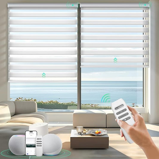 HeyBlinds Motorized Zebra Blinds with Remote, Smart Cordless Electric Zebra Shades for Indoor Windows Compatible with Alexa Google & Homekit, Custom Size (Wool-White LF)