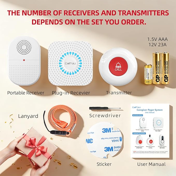 CallToU Caregiver Pager Call Button for Elderly at Home, 500ft Wireless Call Bell with 1 Portable Vibrating & 1 Plug-in Receiver, Waterproof Alert Button for Seniors, Patients, 2 Panic Buttons