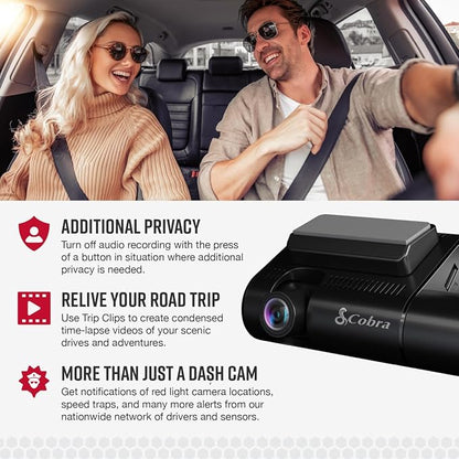 Cobra SC 220C Smart Dash Cam + Cobra 2.5A DIY Hardwire Kit - OBDII Port to USB-C/Micro-USB with 15ft Cable