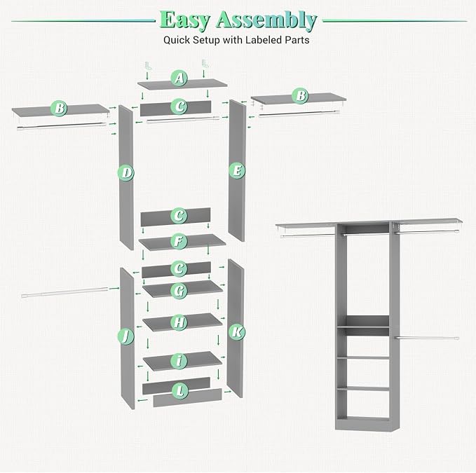 Besiost 4FT Small Closet Organizer System with 4 Hanging Rods & 3 Shelves | 48" Closet System for Small Closets, 80" H Small Closet Organizers and Storage for Bedrooms, Cloakrooms, Gray