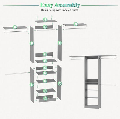 Besiost 4FT Small Closet Organizer System with 4 Hanging Rods & 3 Shelves | 48" Closet System for Small Closets, 80" H Small Closet Organizers and Storage for Bedrooms, Cloakrooms, Gray