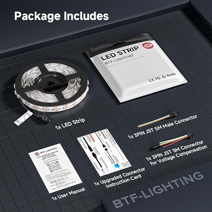 BTF-LIGHTING WS2812B IC RGB LED Strip,UL Listed,Pure Gold Wires,DC5V 16.4FT 300LED 5050SMD,Individually Addressable,Flexible for DIY Chasing Full Color Project,3M Tape,IP65(No Adapter or Controller)