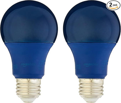 Amazon Basics A19 Blue Color Party LED Light Bulbs, 60W Equivalent, 9W Energy Efficient, E26 Standard Base, Non-Dimmable, 10,000 Hour Lifetime, 2-Pack