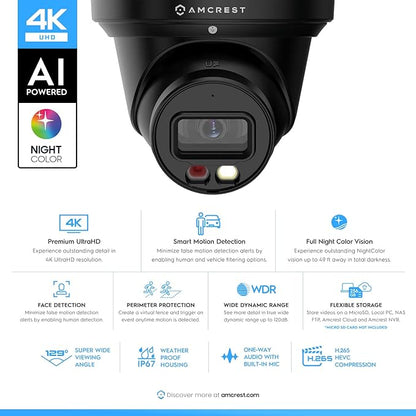 Amcrest 4K Night Color AI Turret IP PoE Camera 49ft Full Color Nightvision, Security IP Camera, Built-in Microphone, Human Detection, Perimeter Protection, 129° FOV, 4K@15fps IP8M-2779EB-AI (Black)