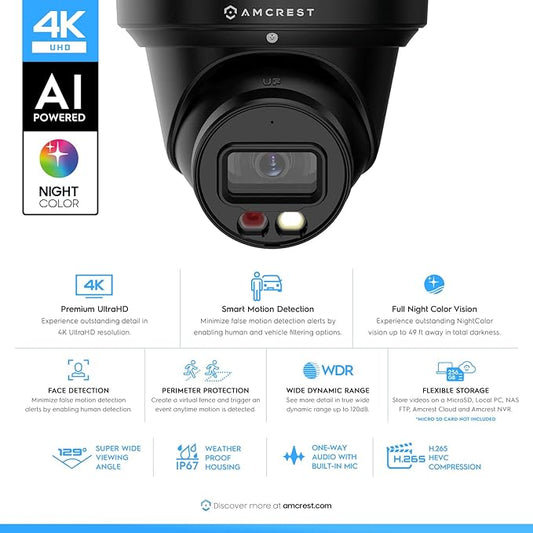 Amcrest 2-Pack UltraHD 4K (8MP) IP PoE AI Camera, 49ft Nightcolor, Security Outdoor Turret Camera, Built-in Mic, Human Detection, Active Deterrent, 129° FOV, 4K@15fps 2PACK-IP8M-2779EB-AI (Black)