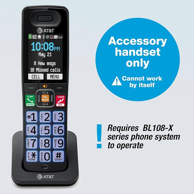 AT&T DECT 6.0 Additional Handset for BL108 Series, No Phone Jack Needed, Smart Call Blocker, Bluetooth Connect to Cell, Caller ID Announce | BL108-0