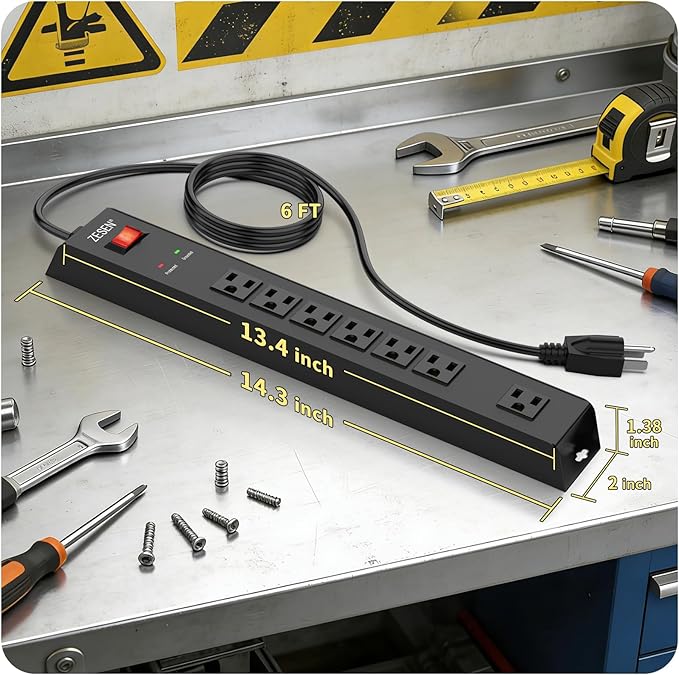 ZESEN 7 Outlet Metal Long Power Strip with Overload Protection & 1500J Surge Protection, 6ft Cord Wall Mounted Industrial Power Strip for Office Workshop Garage, ETL Listed(15A/1875W), Black