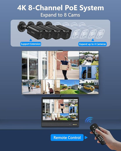 (2026 New) 4K PoE Security Camera System Outdoor, 8CH NVR with 10" IPS Monitor & 1TB HDD, 4 Cameras, 130° Wide Angle, AI Human Detection, Two-Way Audio, No Monthly Fee