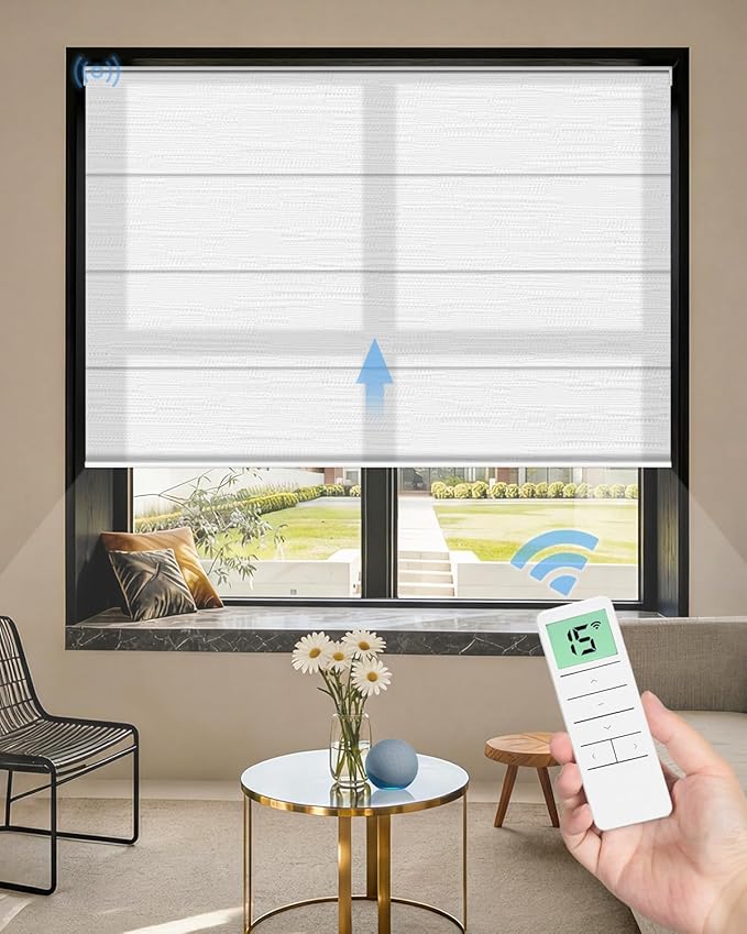 Motorized Roman Shades for Windows, Custom Light Filtering Roman Blinds with Remote, Smart Privacy Window Shades for Living Room Kitchen Office, Alexa & Google Home Compatible, App Control via RF Hub
