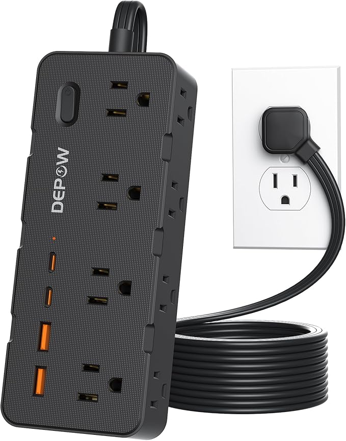 DEPOW Power Strips with Surge Protection, 5FT Extension Cord with Multiple Outlets-8 AC Outlets 4 USB Ports (2 USB C), Flag Plug, 1700 Joule Surge Protector for Home Office, Black