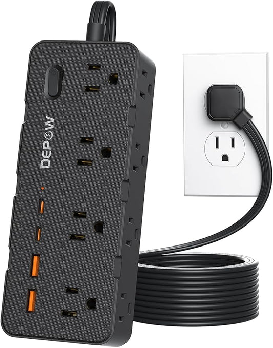 DEPOW Power Strips with Surge Protection, 5FT Extension Cord with Multiple Outlets-8 AC Outlets 4 USB Ports (2 USB C), Flag Plug, 1700 Joule Surge Protector for Home Office, Black