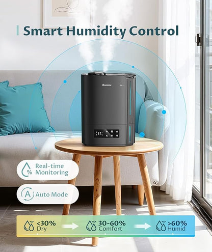 BREEZOME 6L Humidifiers for Bedroom Large Room & Essential Oil Diffuser, Ultrasonic Top Fill Cool Mist Humidifiers for Baby, Plants, Nursery Last up to 60 Hours, Smart Humidistat Control, Quiet, Black