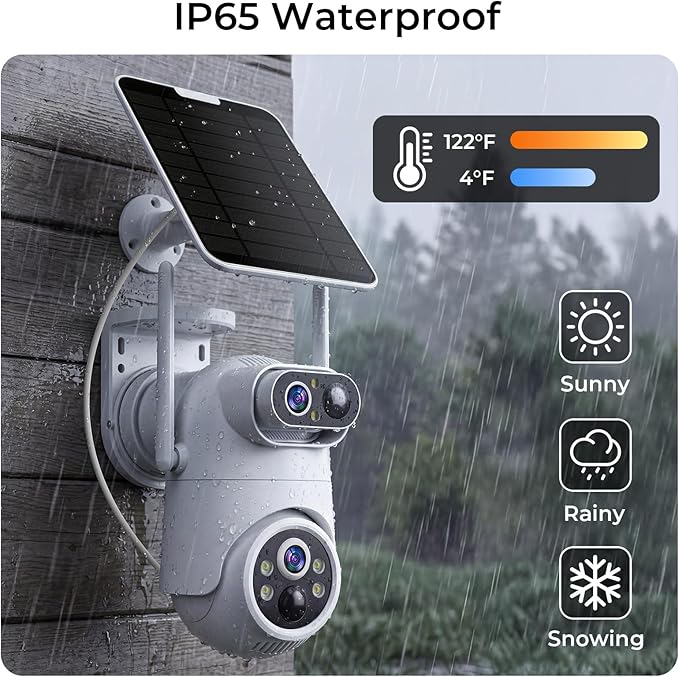 Dual Lens Solar Security Camera Wireless Outdoor – 2.5K HD No Blind Spot with PIR Motion Detection, 360° PTZ, Full Color Night Vision, 5G/2.4GHz WiFi, IP65 Waterproof for Home, Business & Outdoor Use