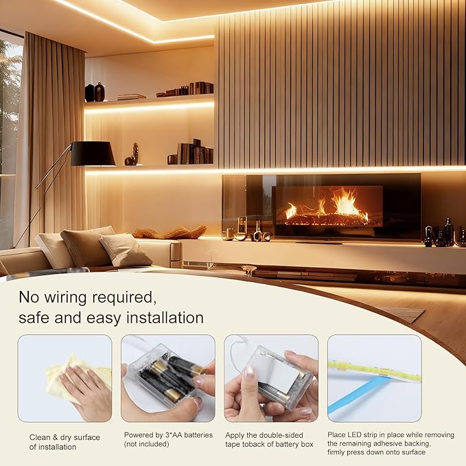 ZSLAIFU Battery Powered LED Strip Lights, 3.3FT COB LED Strip Light, Battery Operated LED Lights, Warm LED Strip Lights Battery Powered for Closet, Cabinet, Shelf, Kitchen, DIY Lighting