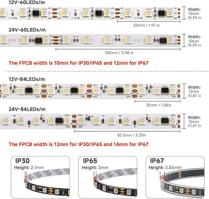 BTF-LIGHTING WS2814 IC RGBW RGB+Cool White UL Listed, DC24V 16.4FT 84LED/m | 14pixel/m,(Similar WS2812B),Addressable4 Colors in 1 Dream Color LED Strip 14mm Width PCB IP67(No Adapter or Controller)