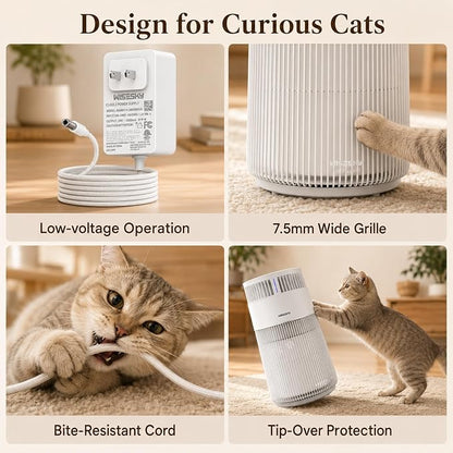 WISESKY Cat Air Purifier for Large Rooms, 5-Stage HEPA Air Cleaner for Cat Hair, Dander & Odors, 360° Air Intake, Quiet Operation, Bite-Resistant Cord & Tip-Over Protection, Smart App Control