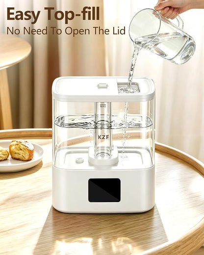 KZF 4L Top Fill Humidifiers for Bedroom & 40H Runtime - Cool Mist Humidifier, 3 Mist Levels, 8H Timer, Essential Oil Tray, Humidity Display, Quiet for Baby, Plants, Large Room (White, 4, Liters)